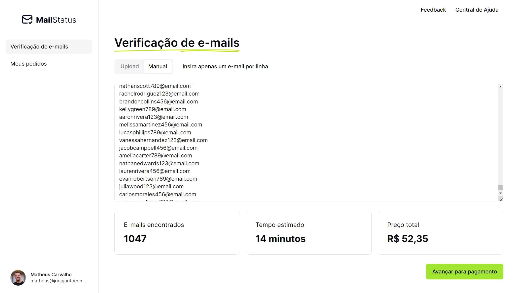 Tela de validação de e-mails do MailStatus